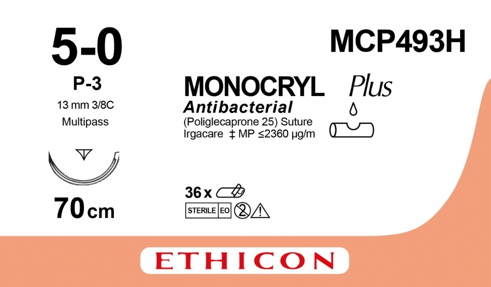 MCP493H - Monocryl Plus Monofilament Undyed  5-0, 70cm Suture